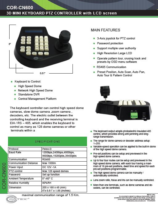 3-D PTZ controller wIth LCD screen from Cortex® specifications for this accessory product COR-CN600