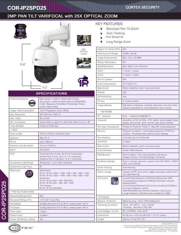 2MP Medallion network ptz camera with 2MP IP 5mm to 125mm motorized varifocal