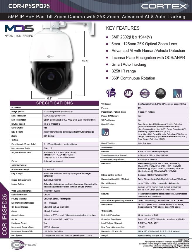 Medallion 5MP IP PoE Pan Tilt Zoom Camera with 25X Zoom, Advanced AI & Auto Tracking