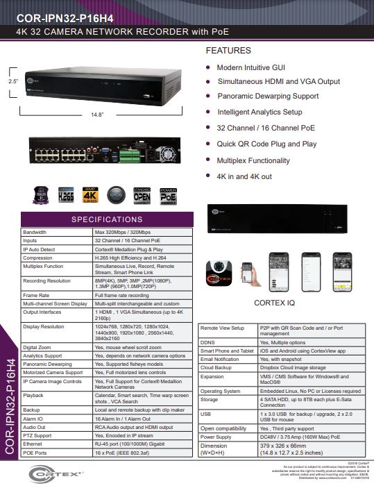 Specification image for the IPN32-P16H4 Cortex® Medallion 32 camera NVR with 8MP (4K) Recording resolution and 4 HDD Bays