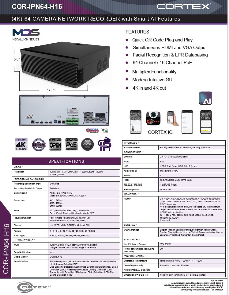 Specification image for the IPN64-H16 Cortex® Medallion 64 Camera 8 64 Camera NVR with 8MP (4K) Recording Resolution